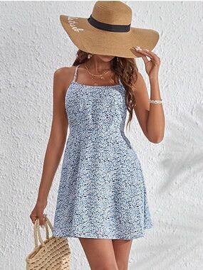 Floerns Floral Tie Back Mini Dress Women Small Blue/White Sundress Coquette NWT